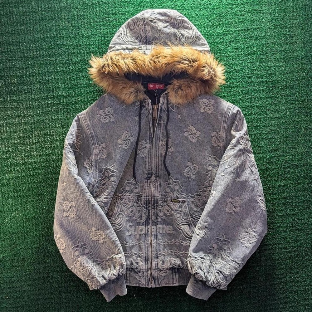 Supreme Patterned Gray Bomber Jacket With Fur Hood - image 1